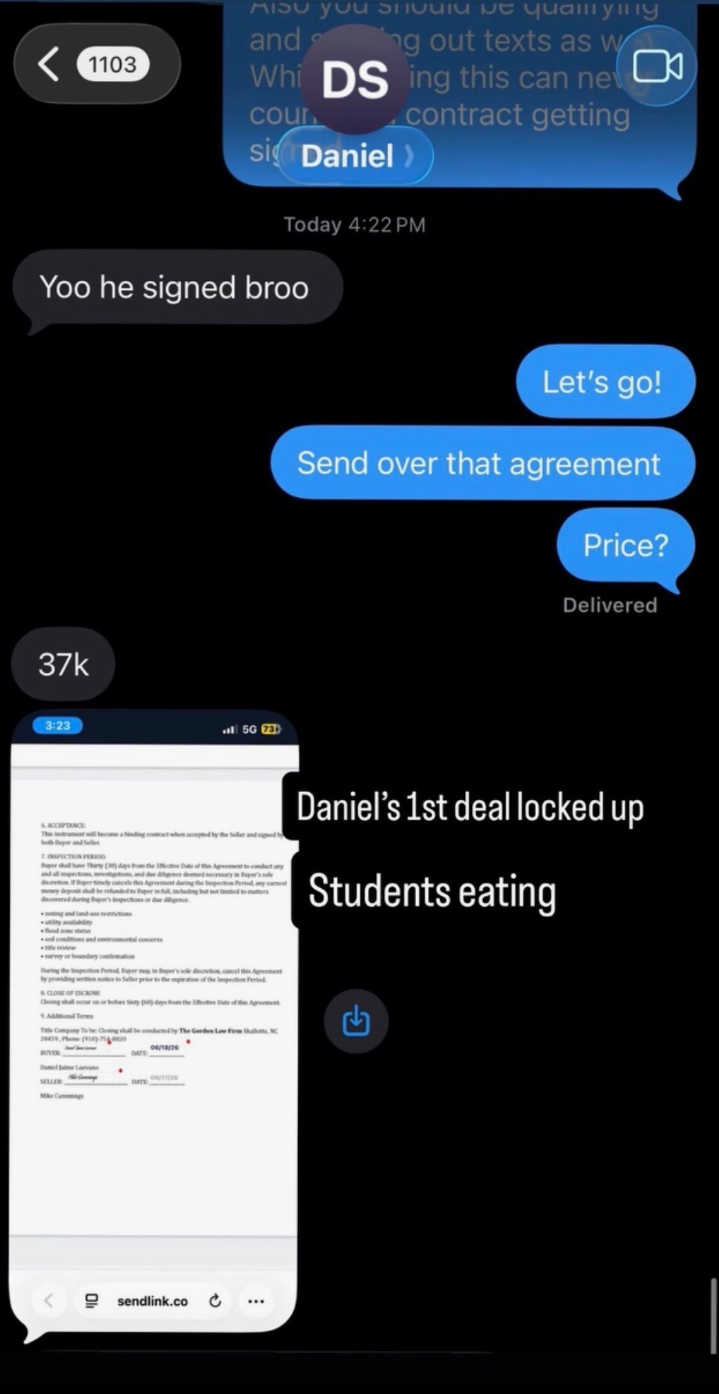 Student text message 3 — deal locked up or closed