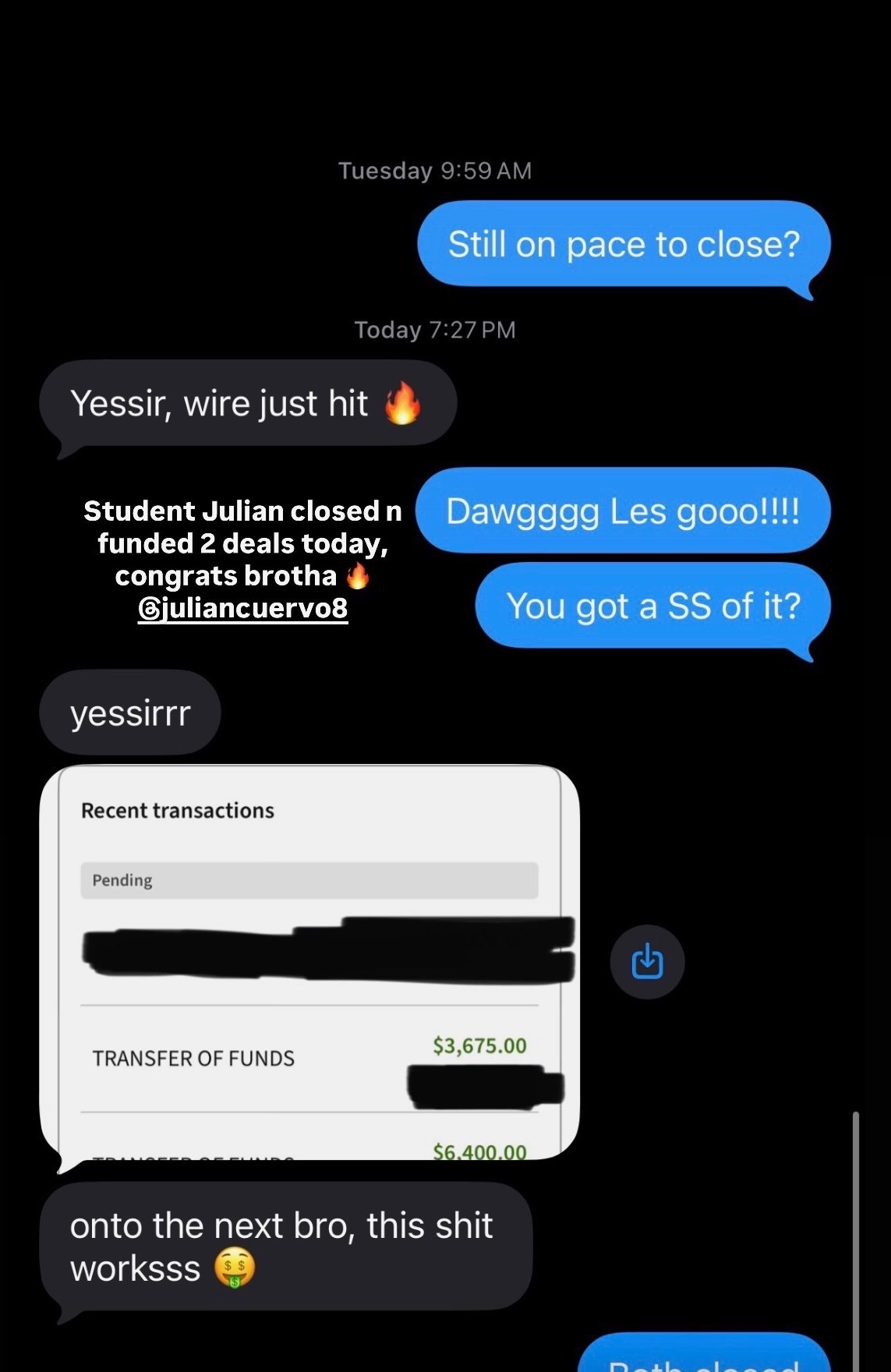 Student text message 6 — deal locked up or closed